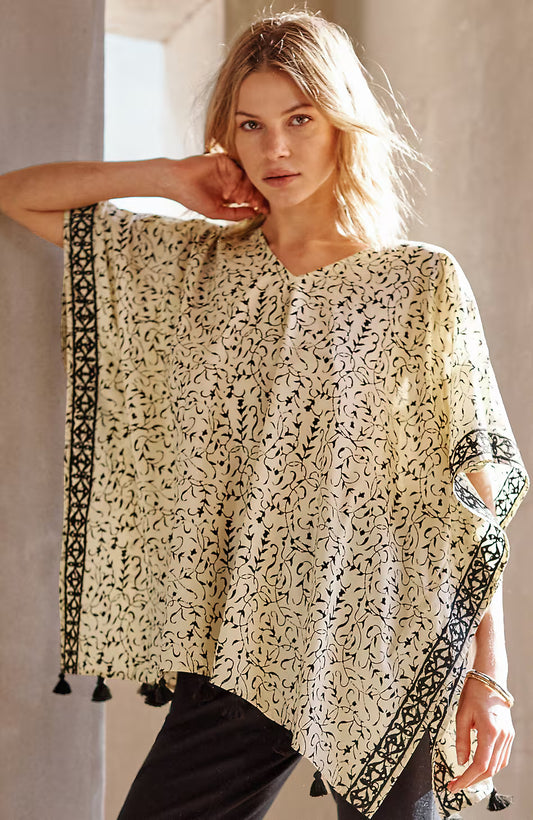 Embroidered Tasseled V-Neck Poncho