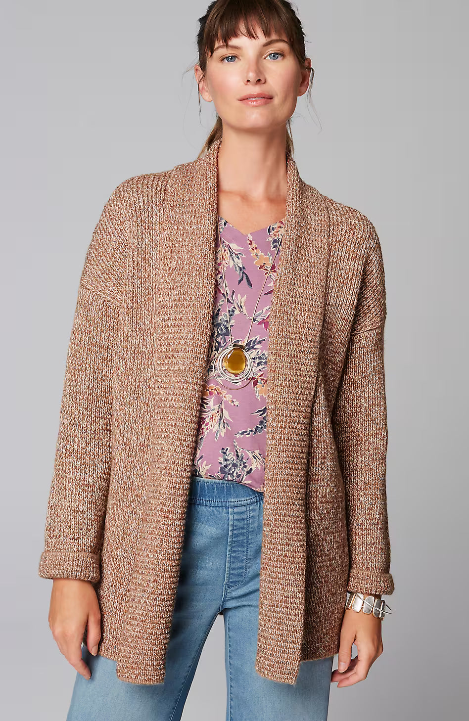Pure Jill Ribbed-Texture Shawl-Collar Cardi