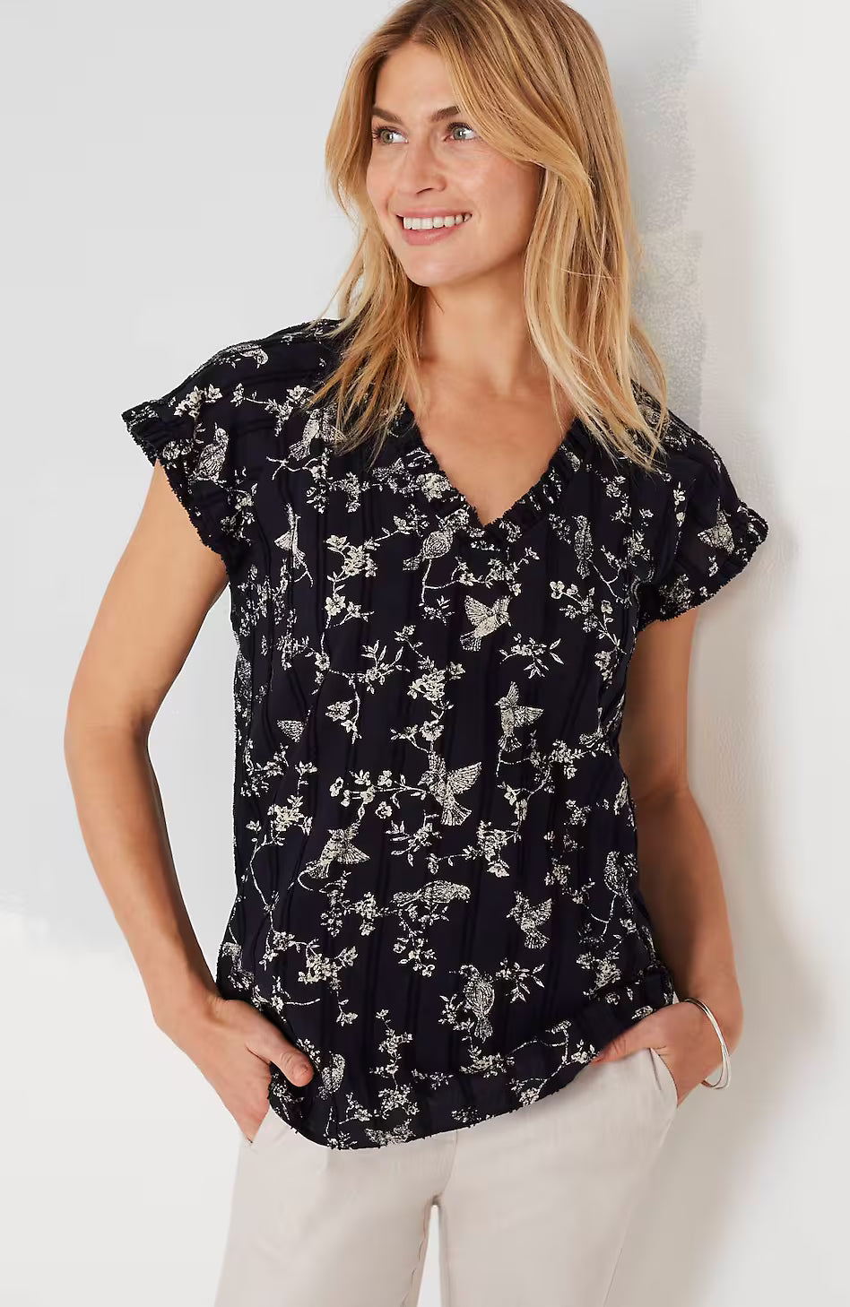 Ruffle-Trimmed Cap-Sleeve Top