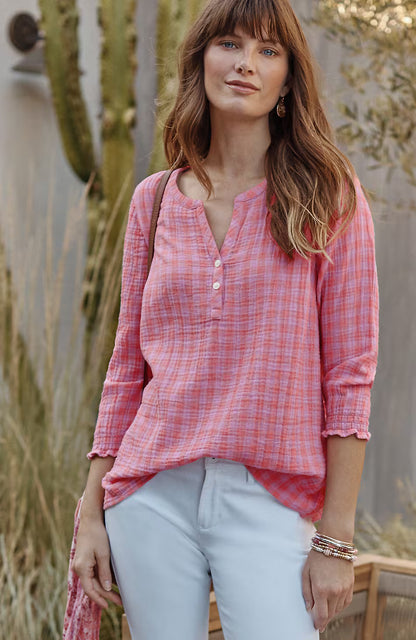 Cotton-Gauze Smocked-Sleeve Top