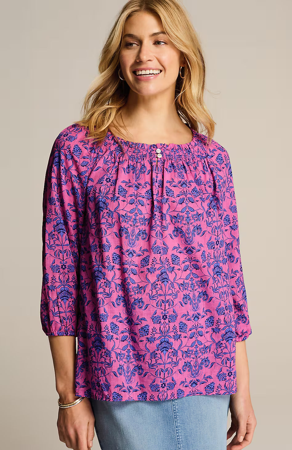 Smocked Floral-Print Top