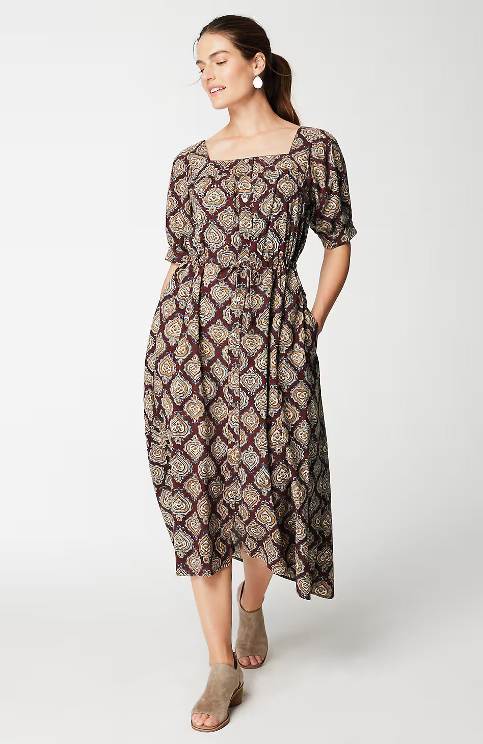 Pure Jill Block-Printed Square-Neck Dress