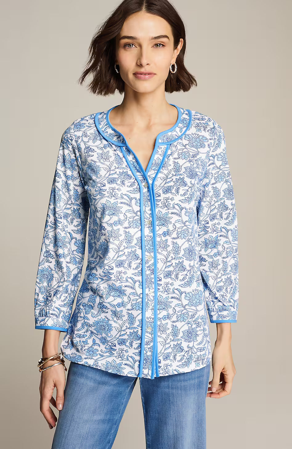 Printed Piped Knit Top