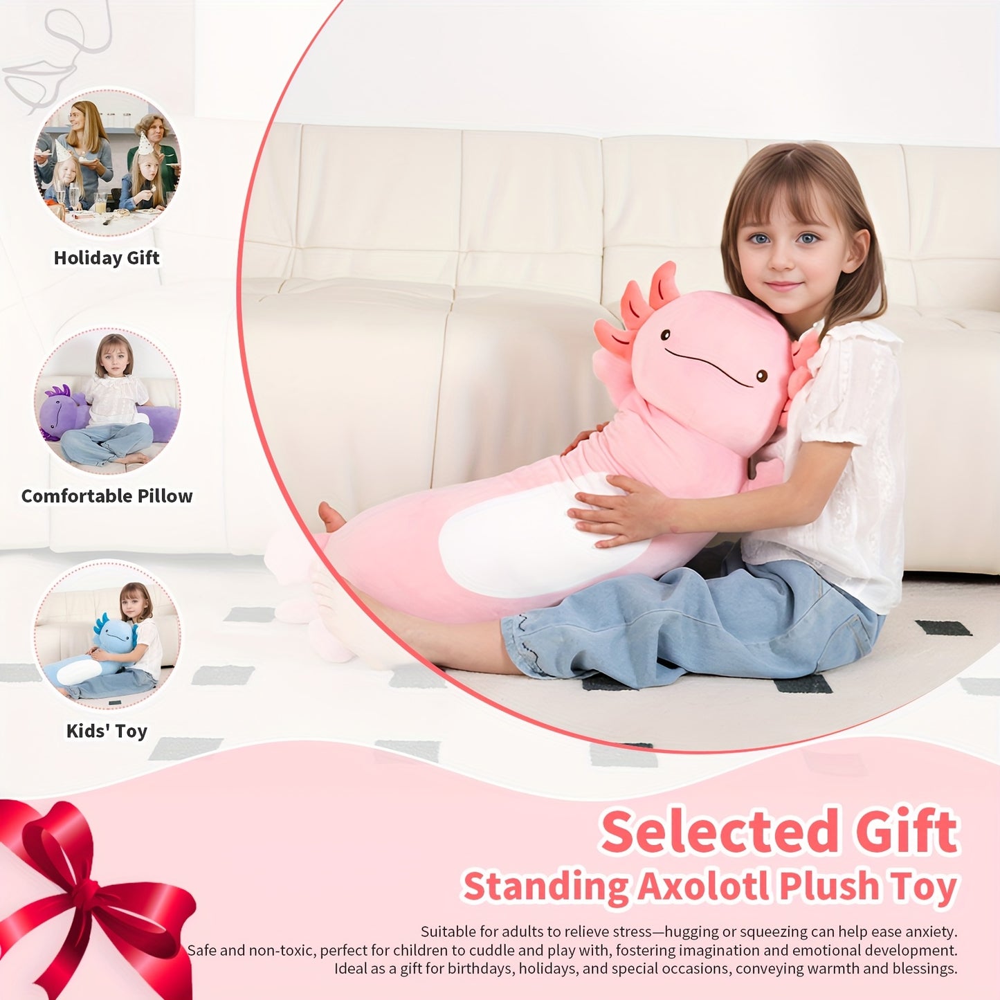 Pilou de corps en peluche long et mignon de 36 pouces pour axolotl rose - Grand jouet en peluche squishy, cadeau doux et câlin pour les jeunes et les amies le jour de leur anniversaire, le jour de l'amitié ou les occasions spéciales