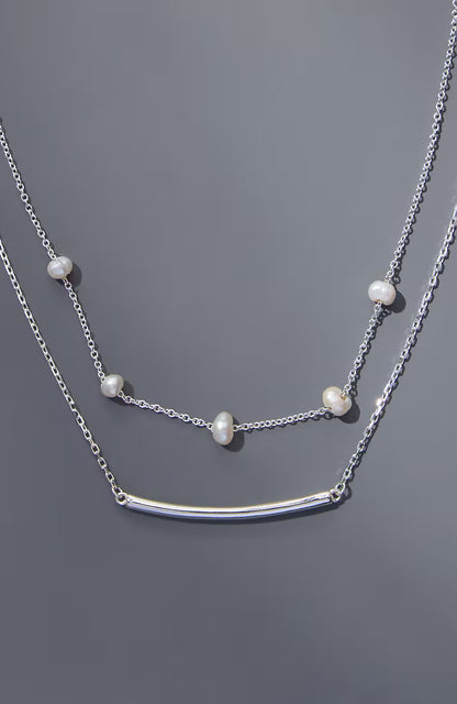 Sterling Silver Pearl & Bar Necklace
