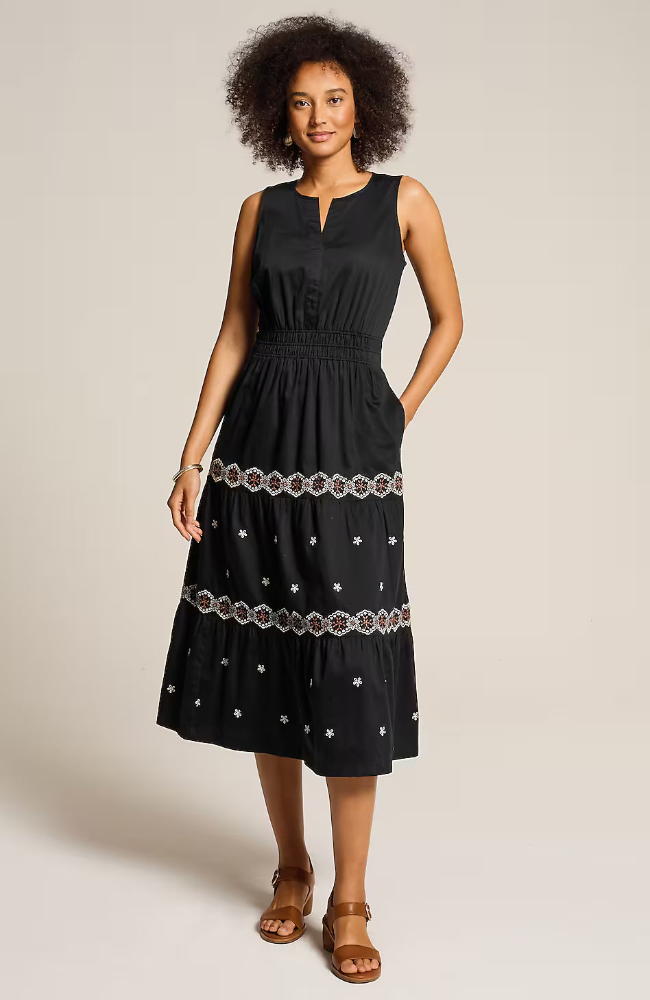 Embroidered Elastic-Waist Midi Dress