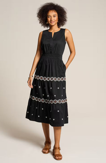 Embroidered Elastic-Waist Midi Dress