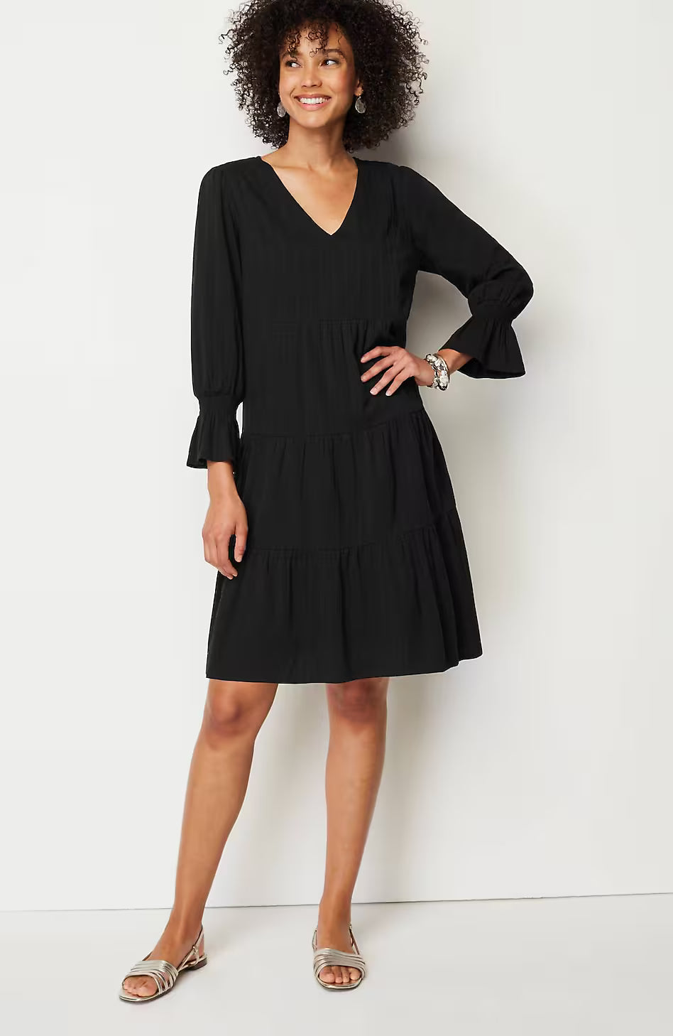 Smocked-Sleeves Tiered Dress