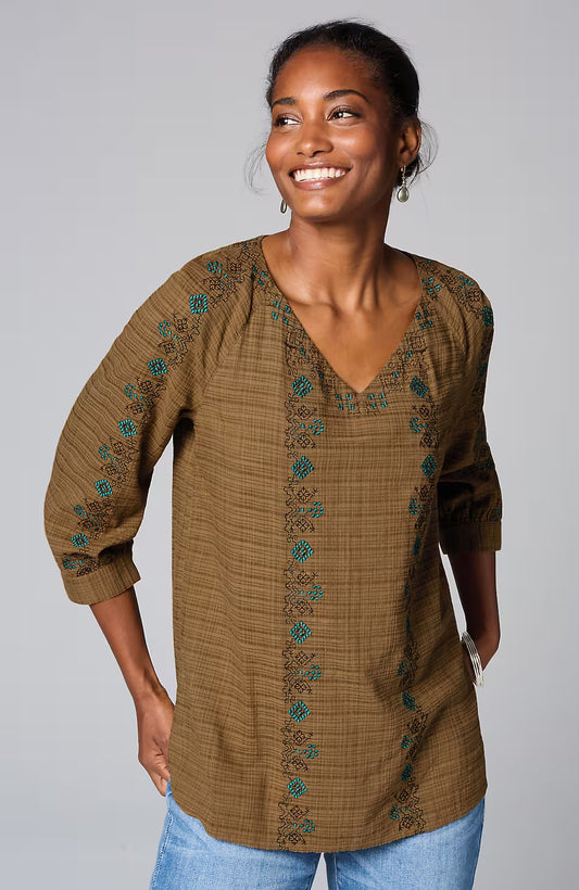 Pure Jill Multicolor-Embroidered V-Neck Top