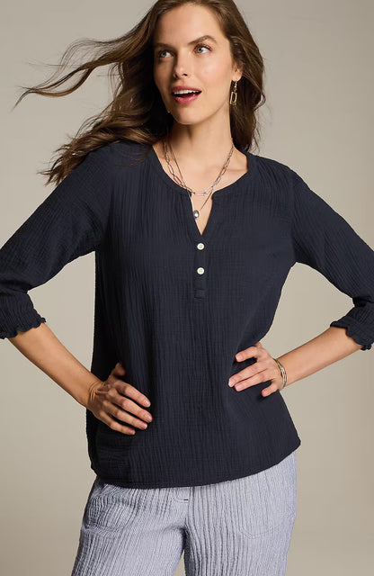 Cotton-Gauze Smocked-Sleeve Top