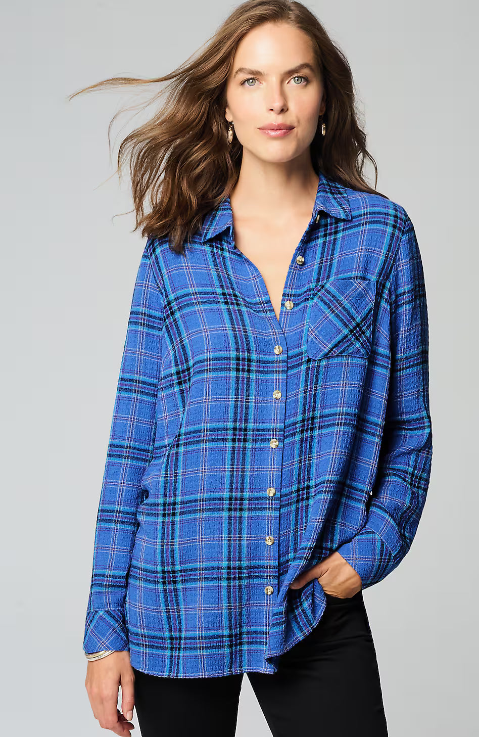 Soft Crinkled Plaid Tunic