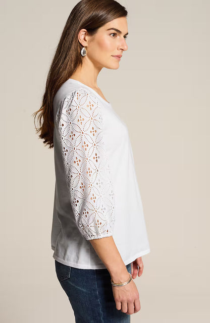 Mixed-Media Eyelet-Sleeves Top