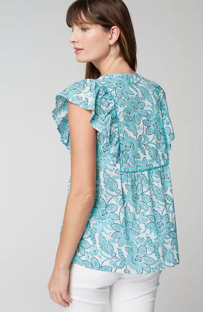 Piping-Trim Ruffle-Sleeve Top