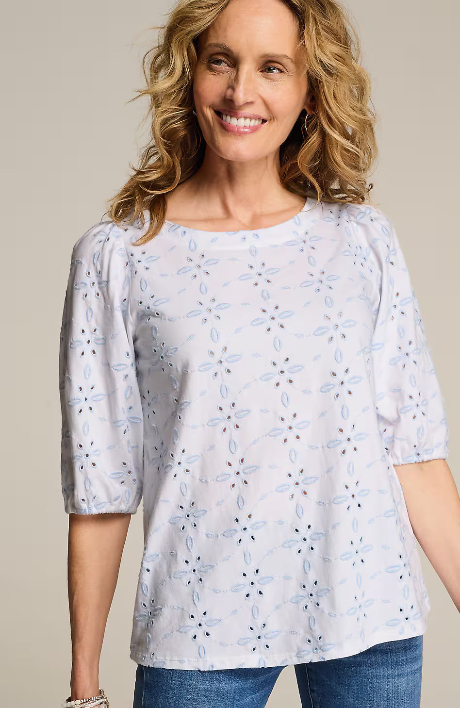 Contrasting-Eyelet Knit Top