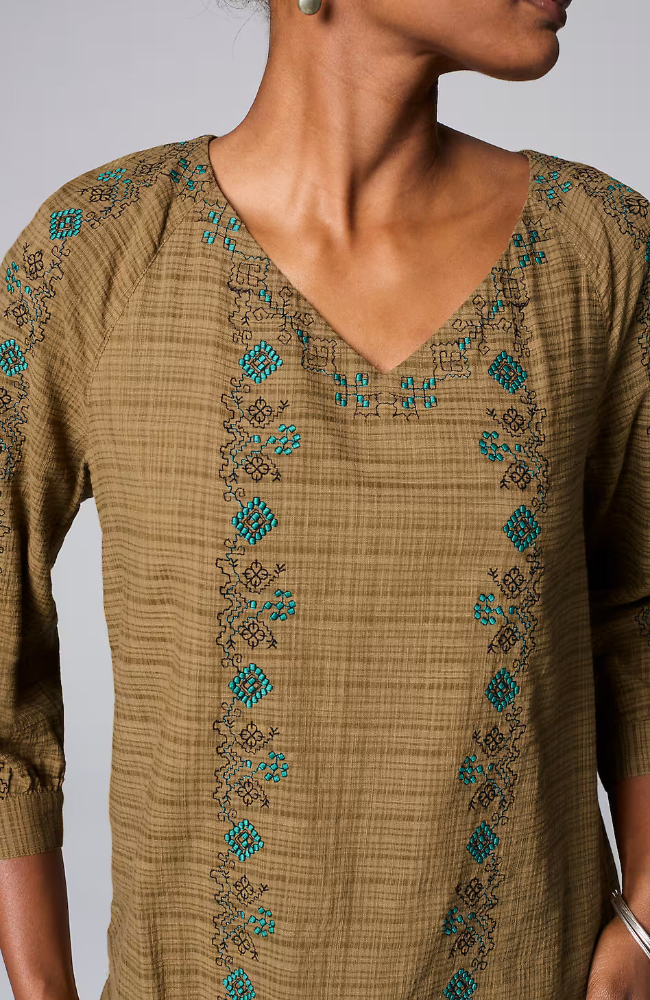 Pure Jill Multicolor-Embroidered V-Neck Top