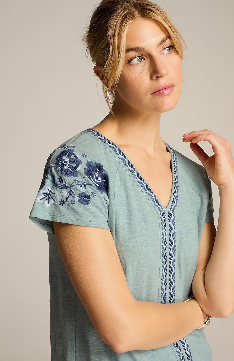 Pure Jill Embroidered Cap-Sleeve Tee