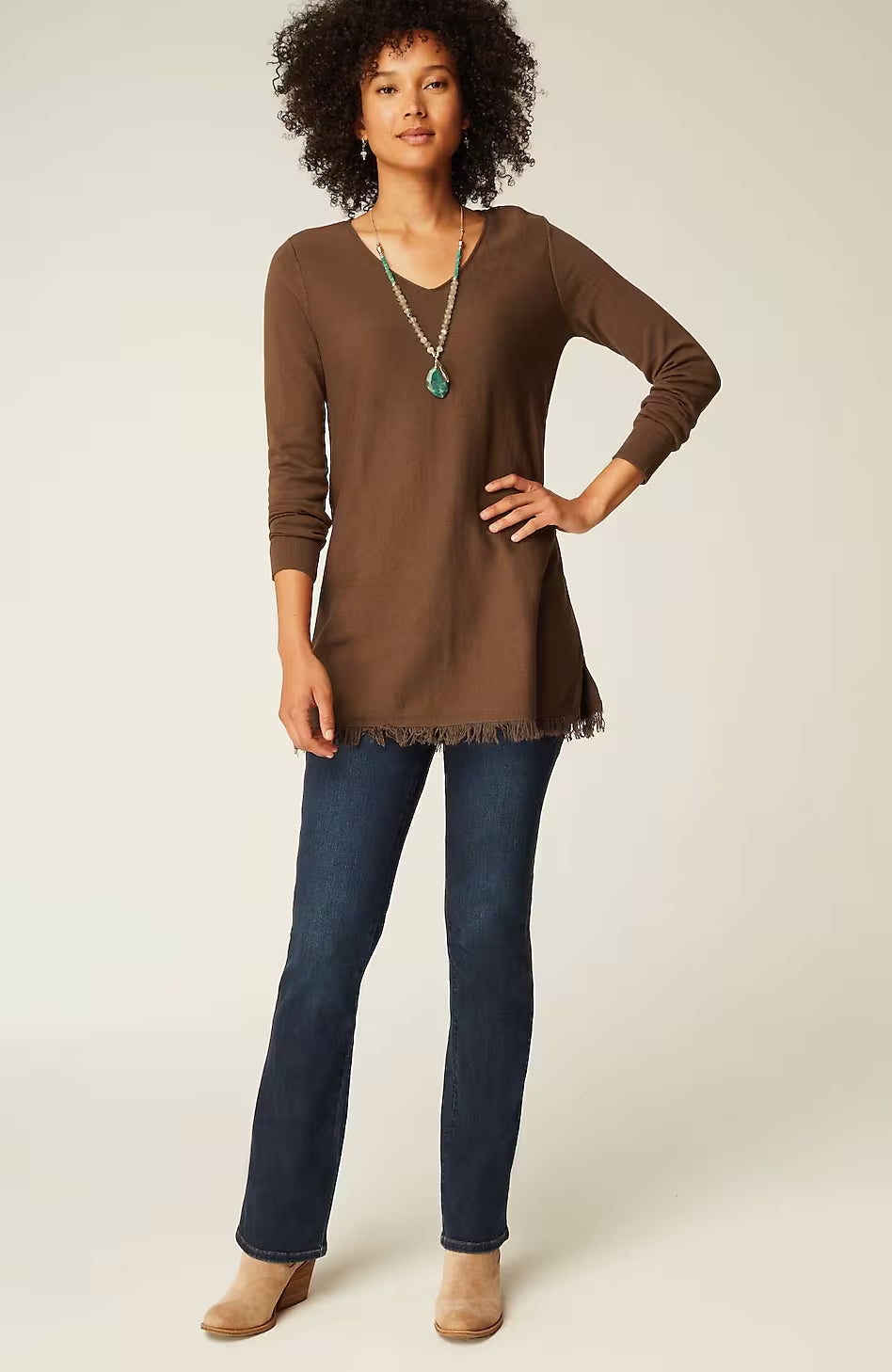 Easy Fringed-Hem V-Neck Tunic