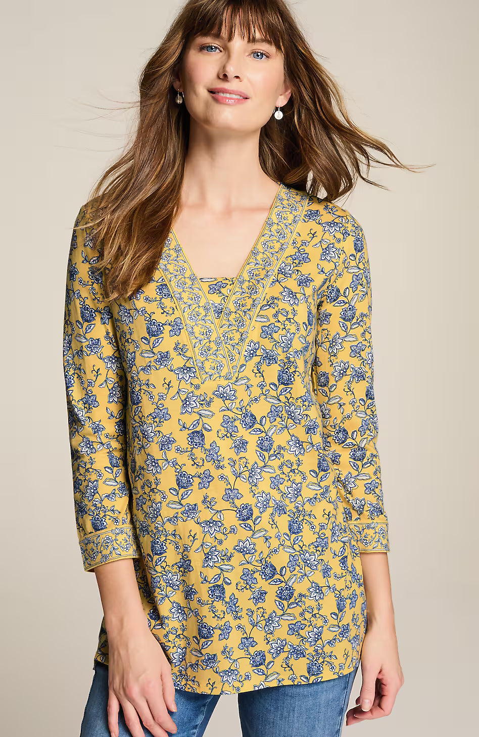 Border-Printed V-Neck Tunic