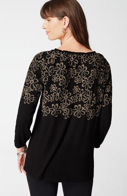 Floral-Embroidered Raglan-Sleeve Top