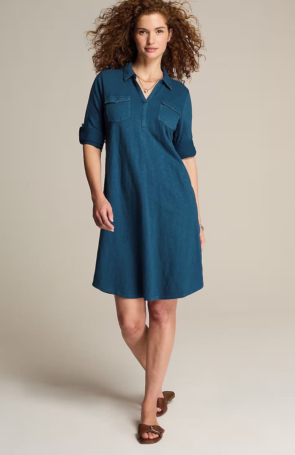 Garment-Dyed Split-Neck Shirtdress
