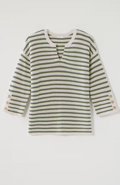 Ribbed-Stripes Button-Cuffed Sweater