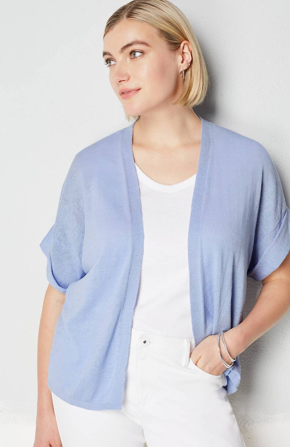 Short Cuffed-Sleeve Open-Front Cardi