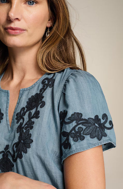 Embroidered Indigo Flutter-Sleeve Dress