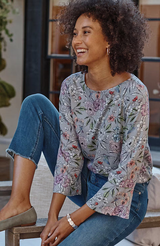 Hummingbird-Printed Satin Top