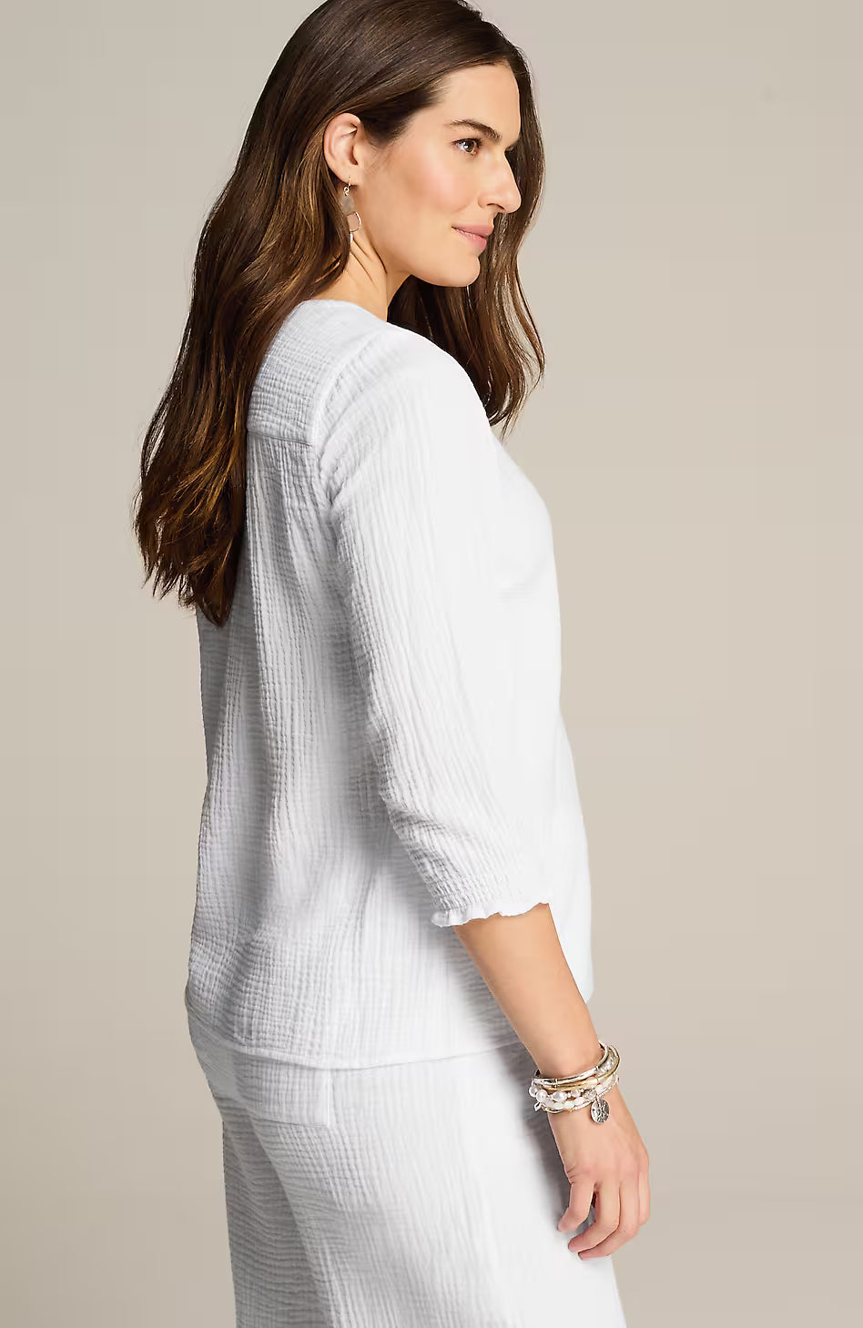 Cotton-Gauze Smocked-Sleeve Top