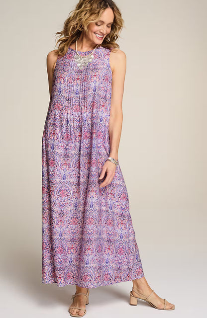 Pintucked A-Line Maxi Dress