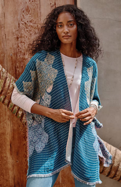 Kantha-Stitched Reversible Jacquard Ruana