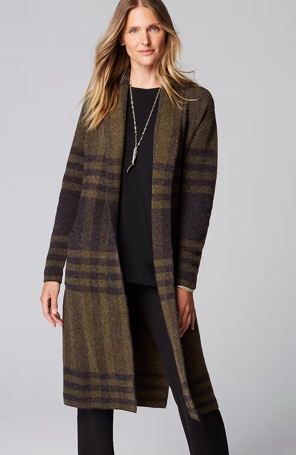 Wearever Shawl-Collar Plaid Sweater Coat