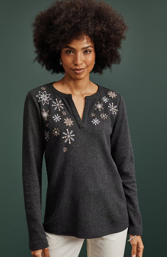 Snowflake-Embroidered Waffle-Textured Top