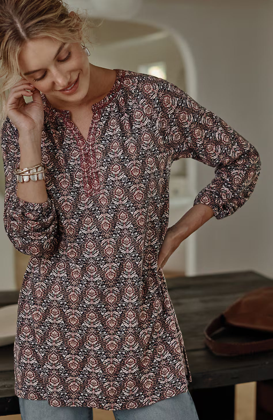 Pure Jill Printed & Embroidered Knit Tunic