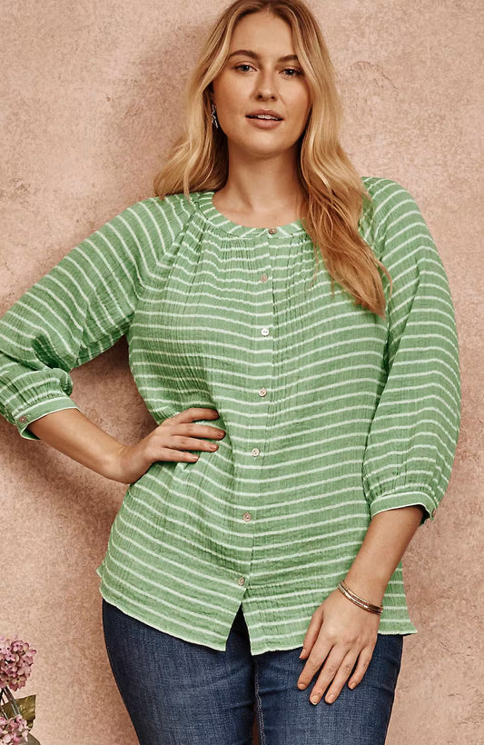 Cotton-Gauze Striped Button-Front Top