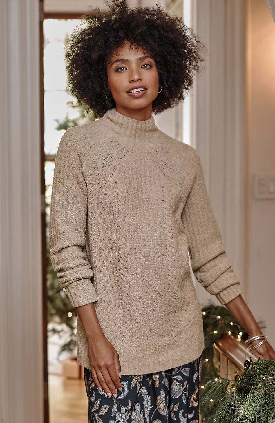 Mixed-Textures High-Neck Sweater