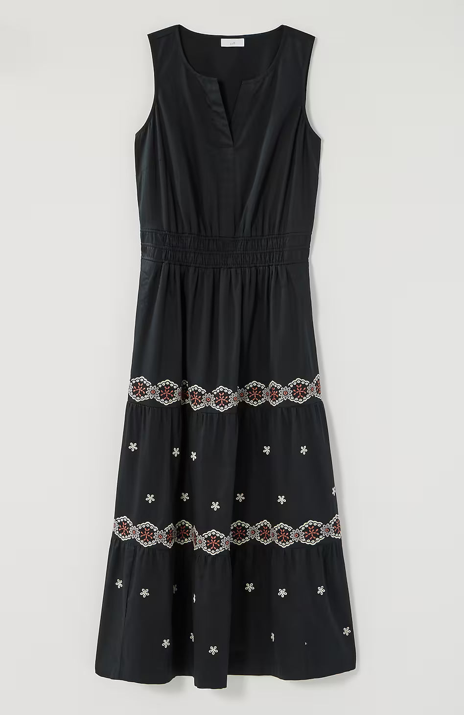 Embroidered Elastic-Waist Midi Dress