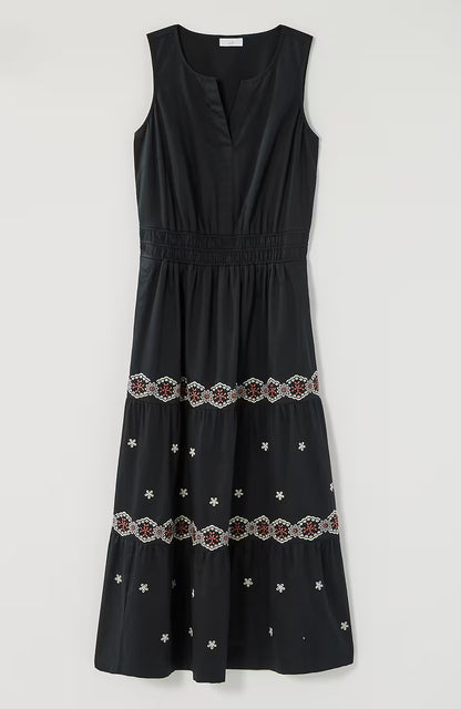Embroidered Elastic-Waist Midi Dress