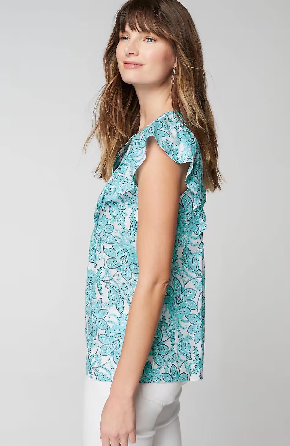 Piping-Trim Ruffle-Sleeve Top