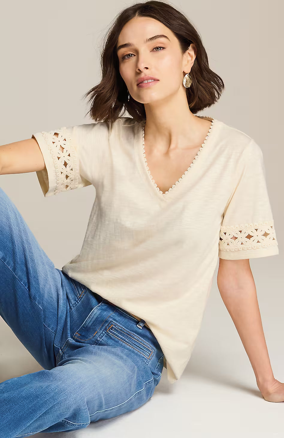 Crochet-Trim V-Neck Top
