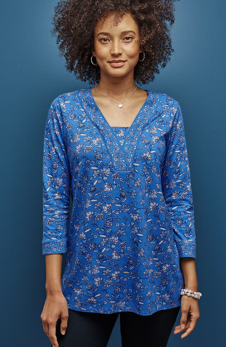 Border-Printed V-Neck Tunic