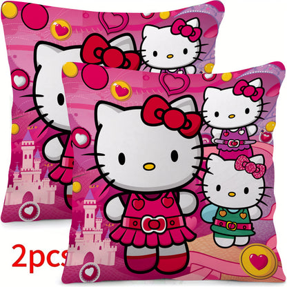 2pcs housses de coussin Hello Kitty, housses de coussin en polyester tricoté contemporain, dessin animé, lavable en machine, fermeture à glissière, 18x18 pouces, avec inserts d'oreiller non inclus pour le décor du canapé et du lit