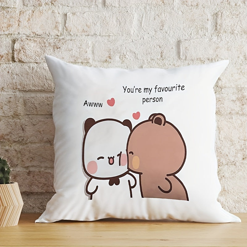 1pc Housse de coussin adorable de couple de dessin animé - Design de panda mignon avec le texte \